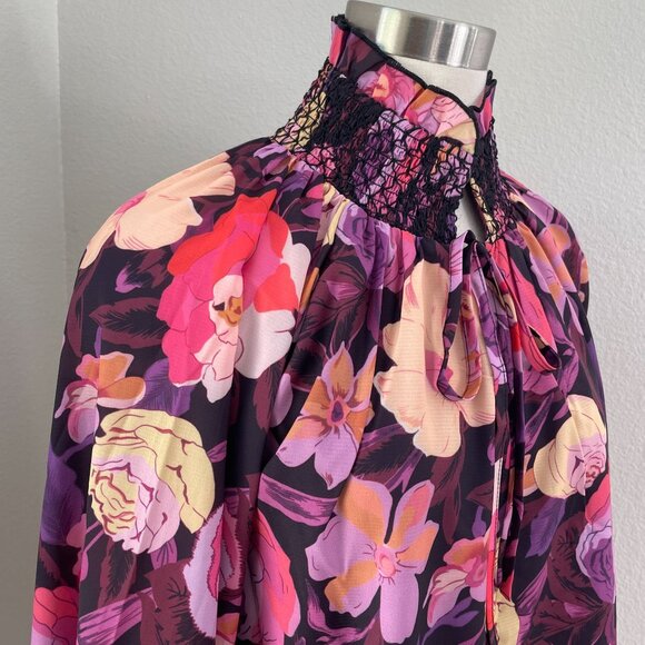 NEW Jodifl Womens Small Floral High Smocked Neck Long Sleeve Blouse Shirt - Picture 2 of 13